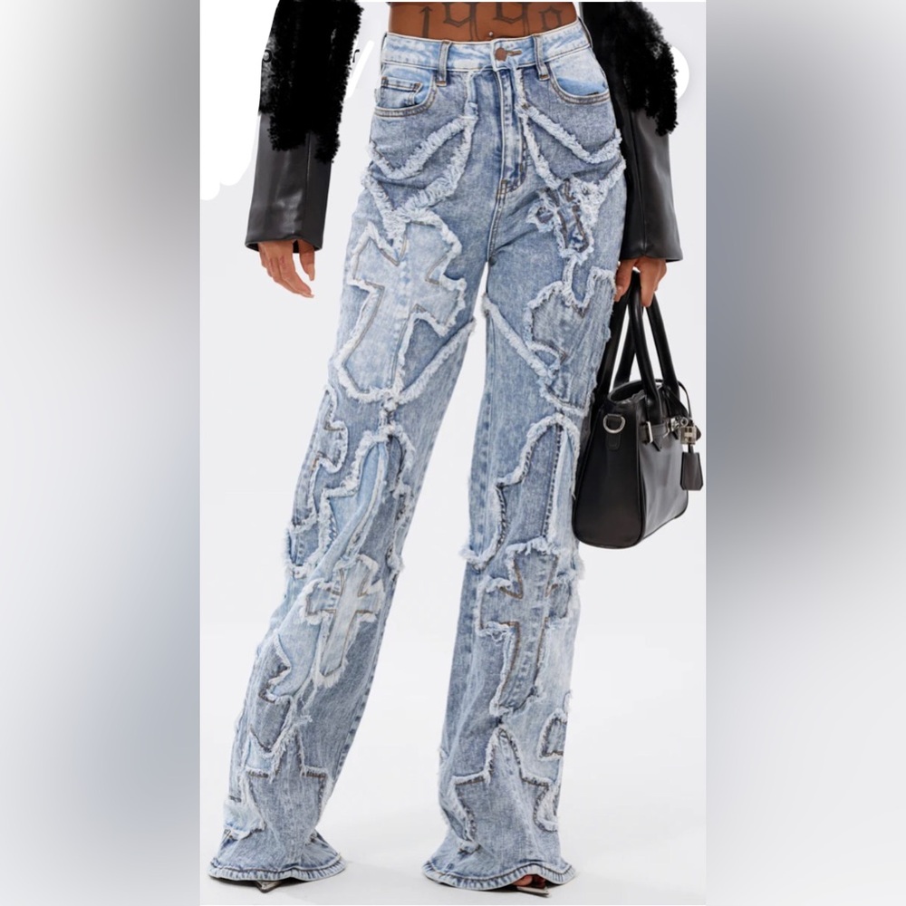 Aphrodite Light Blue Patchwork Flare Jeans - Picture 9 of 13